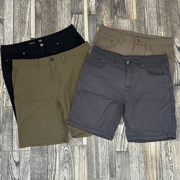 🔥 PRANA Shorts (4 pair lot)- Black, Olive, Gray, Army Green - Men Sz 34/9 - EUC - Picture 1 of 16